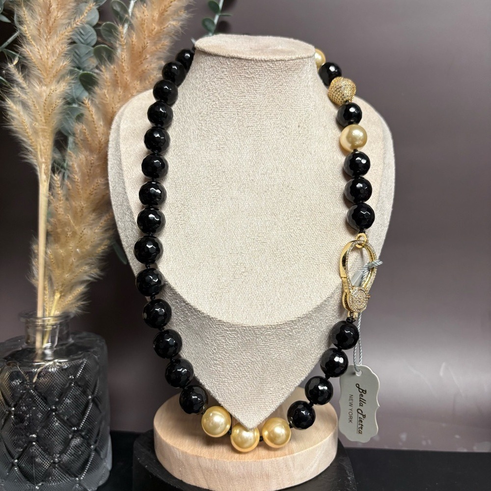 Bella Pietra Black Onyx Beaded Necklace | Pearl Accent‎ Crystal Clasp | NWT
